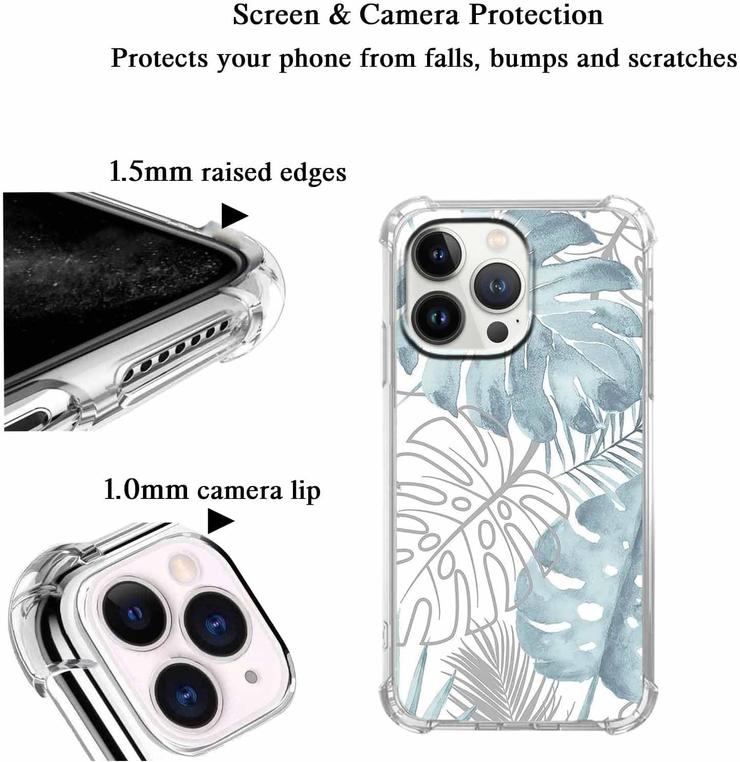 Case for iPhone 14 Pro Max with Green Leaves Design,Tropical Monstera Leaves Plants Pattern for Men Women,Clear Slim Soft TPU Bumper Case,6.7”(Leaf,14pm)